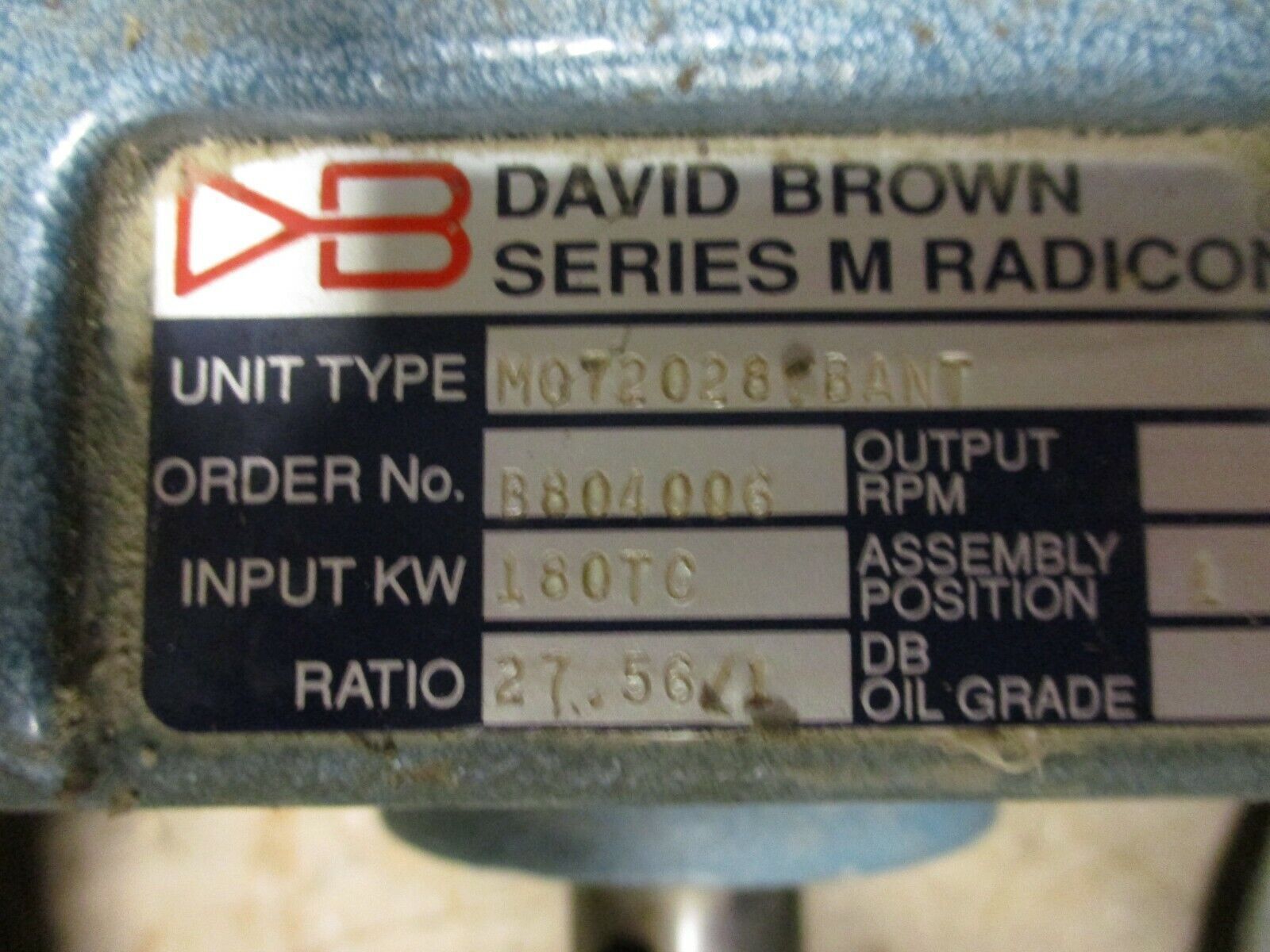 David Brown Series M Radicon Gear Reducer M072028.BANT Ratio 27.56:1 Used