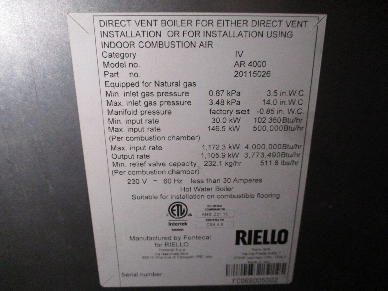 Riello Array Boiler System AR 4000 Max Input 4,000,000 BTU/Hour 208/230V 3Ph