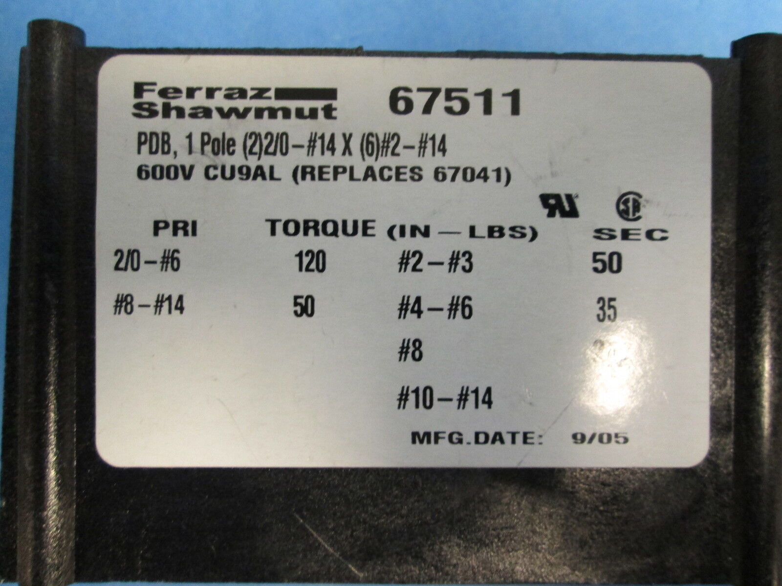 Ferraz Shawmut Power Distribution Block 67511 600V 1 Pole Used