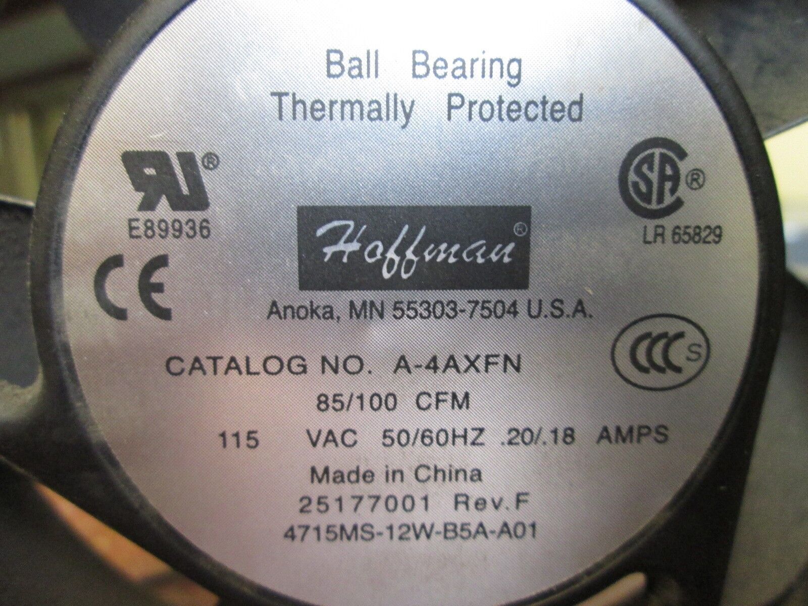 Hoffman Thermally Protected Fan A-4AXFN 85/100 CFM 115VAC 50/60Hz .20/.18A Used