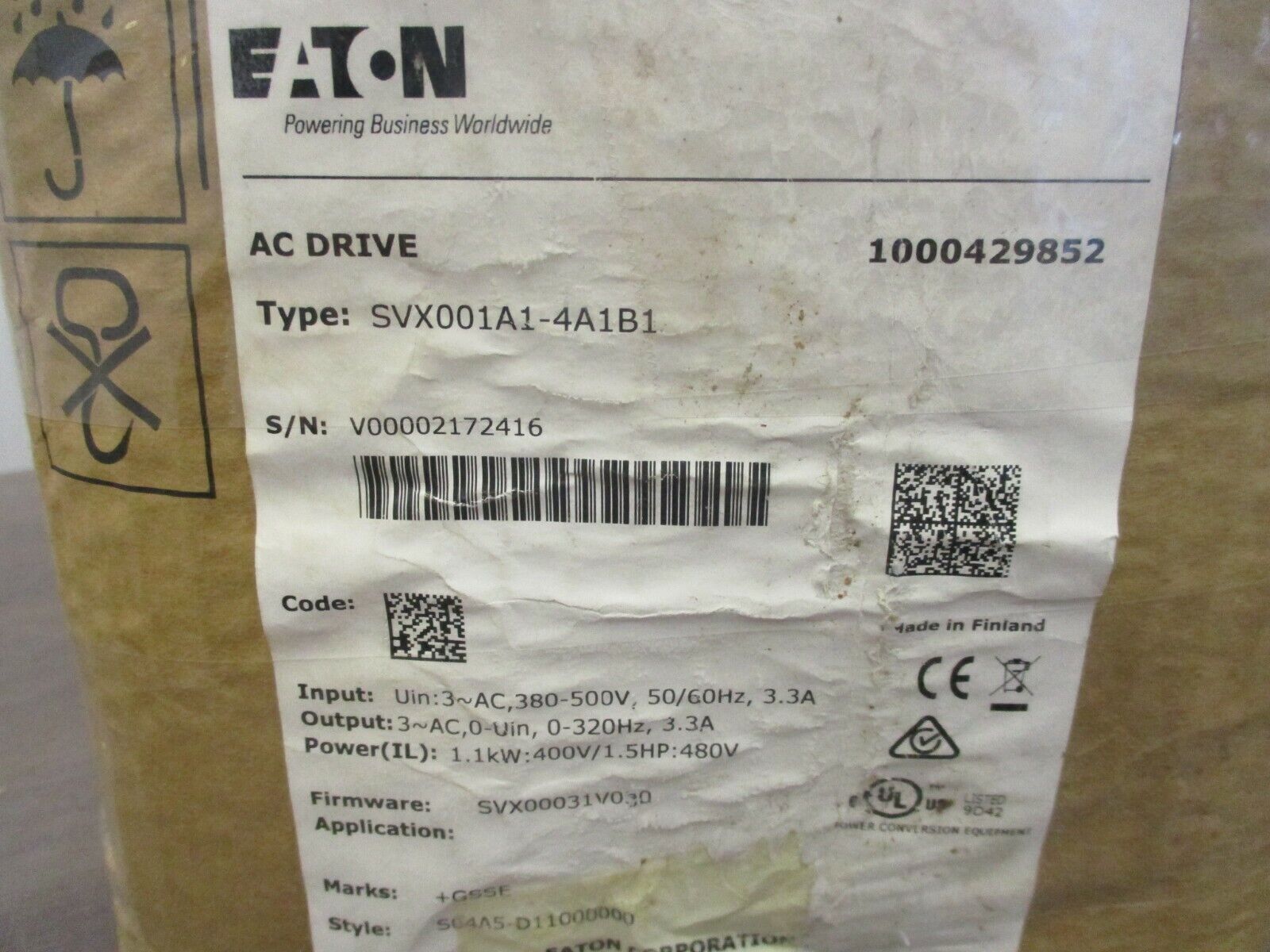 Eaton AC Drive SVX001A1-4A1B1 1.5HP 3Ph New Surplus *Some Shelf Wear*
