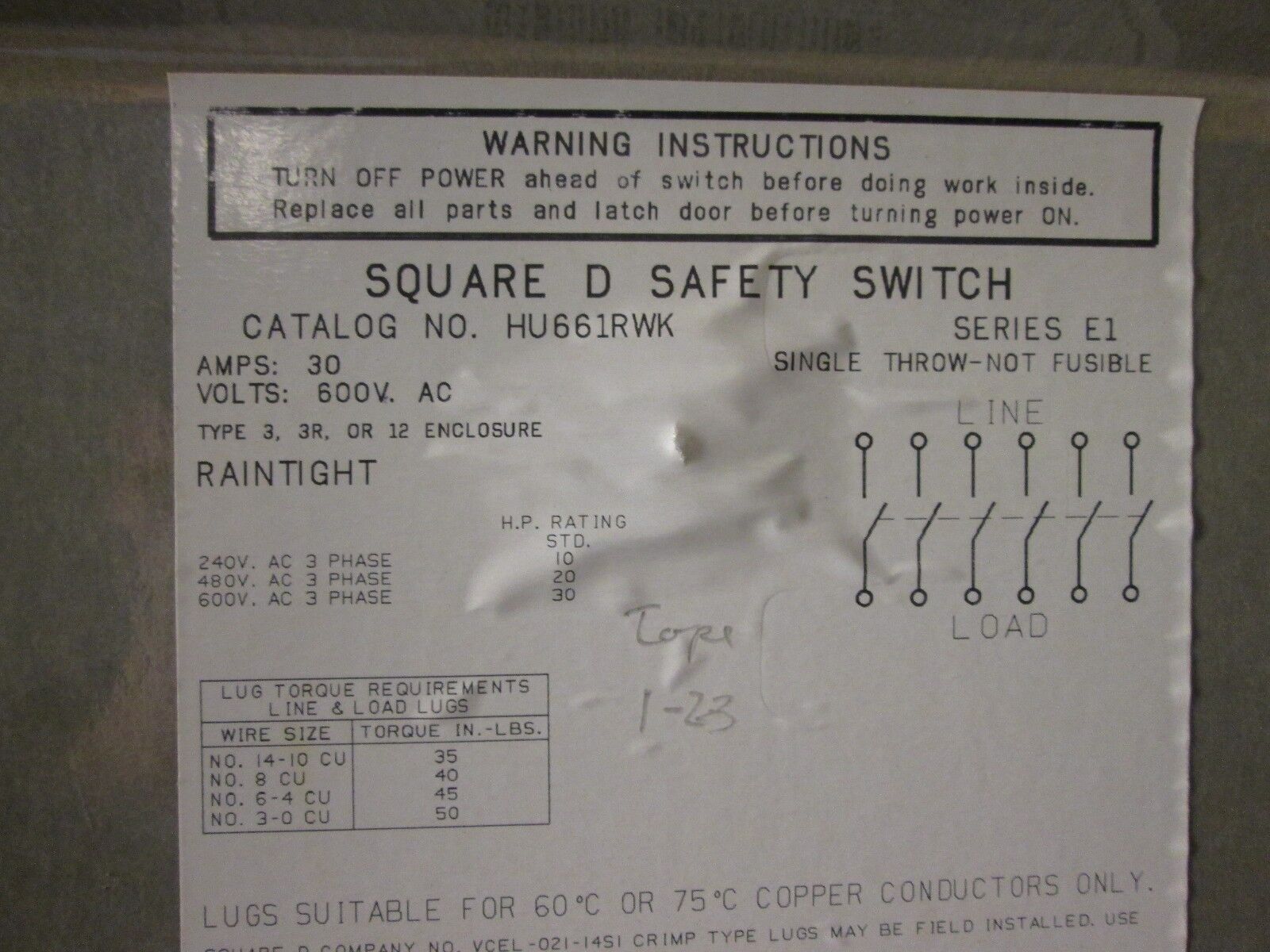 Square D Non-Fusible Safety Switch HU661RWK 30A 600V 6P Used