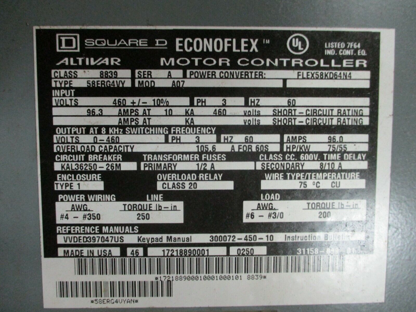Square D Altivar Econoflex AC Drive w/ Bypass 8839 58ERG4VY A07 75HP 460V Used