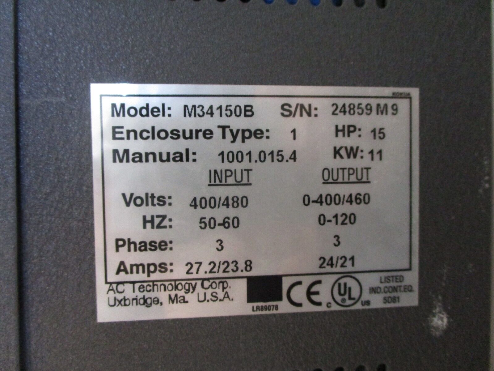 AC Tech MC Series Intelligent AC Drive M34150B 15HP 3Ph Used