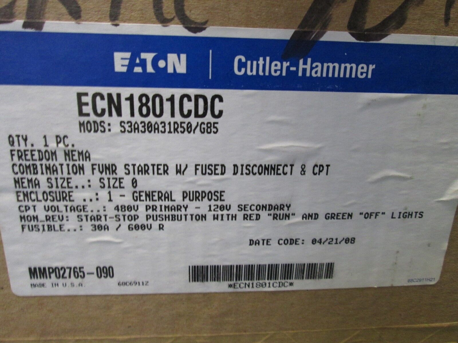 Cutler-Hammer Fusible Combination ECN1801CDC Size 0 Solid State Overload New