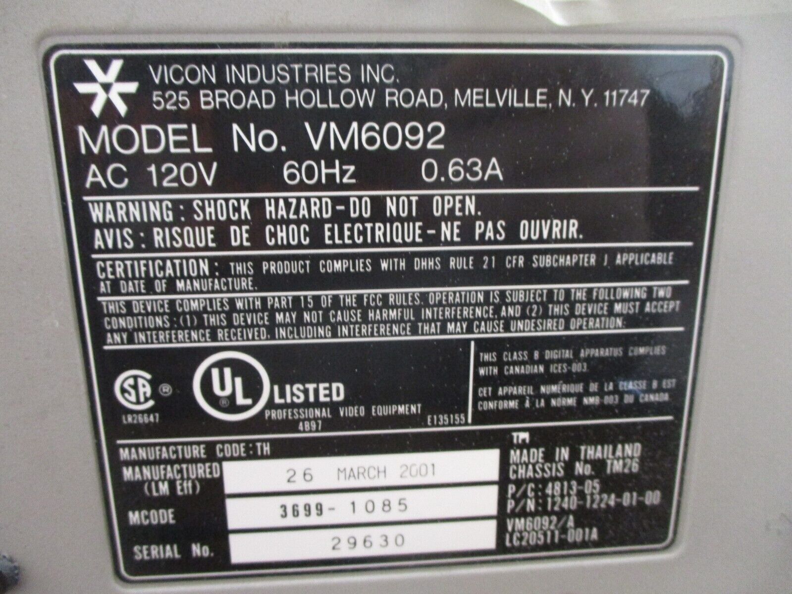 Vicon Color Video Monitor VM6092 9" 120V 60Hz 0.63A Used