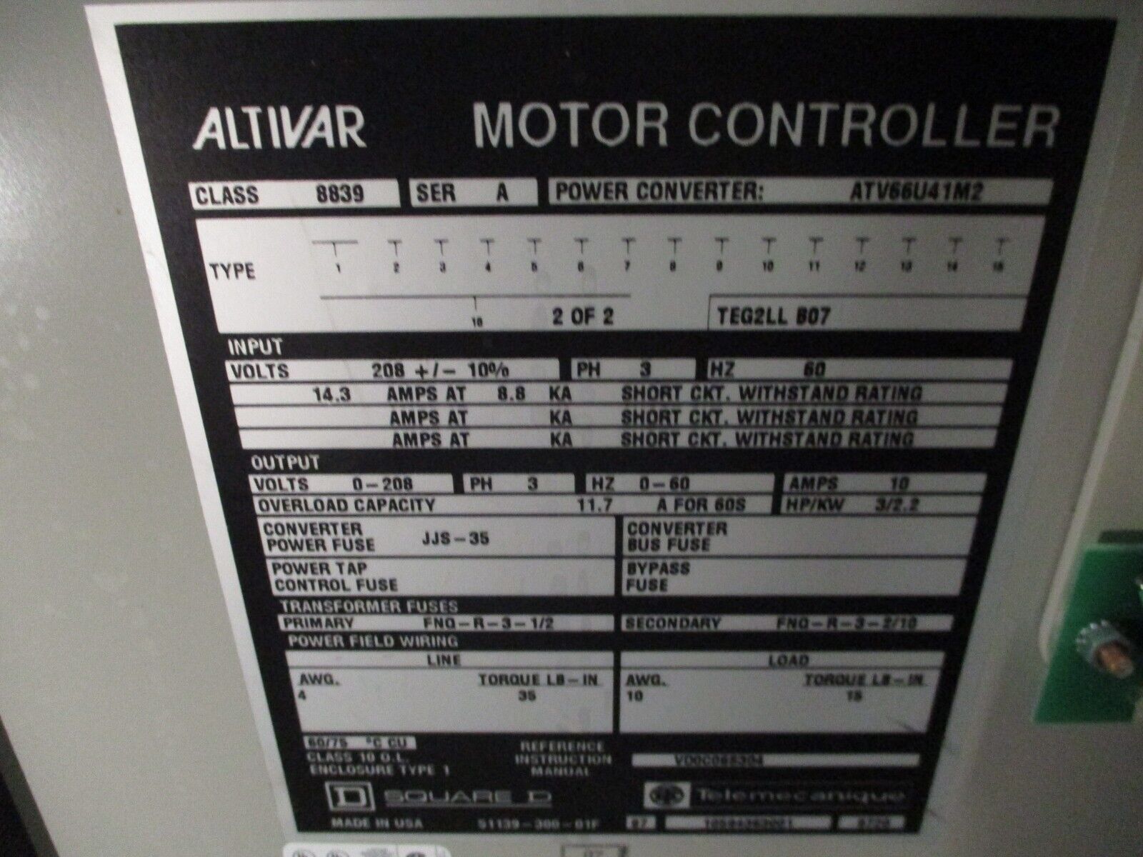 Square D Altivar AC Drive 8839 ATV66U41M2 3HP 3Ph Type 1 Enclosure w/ Keypad