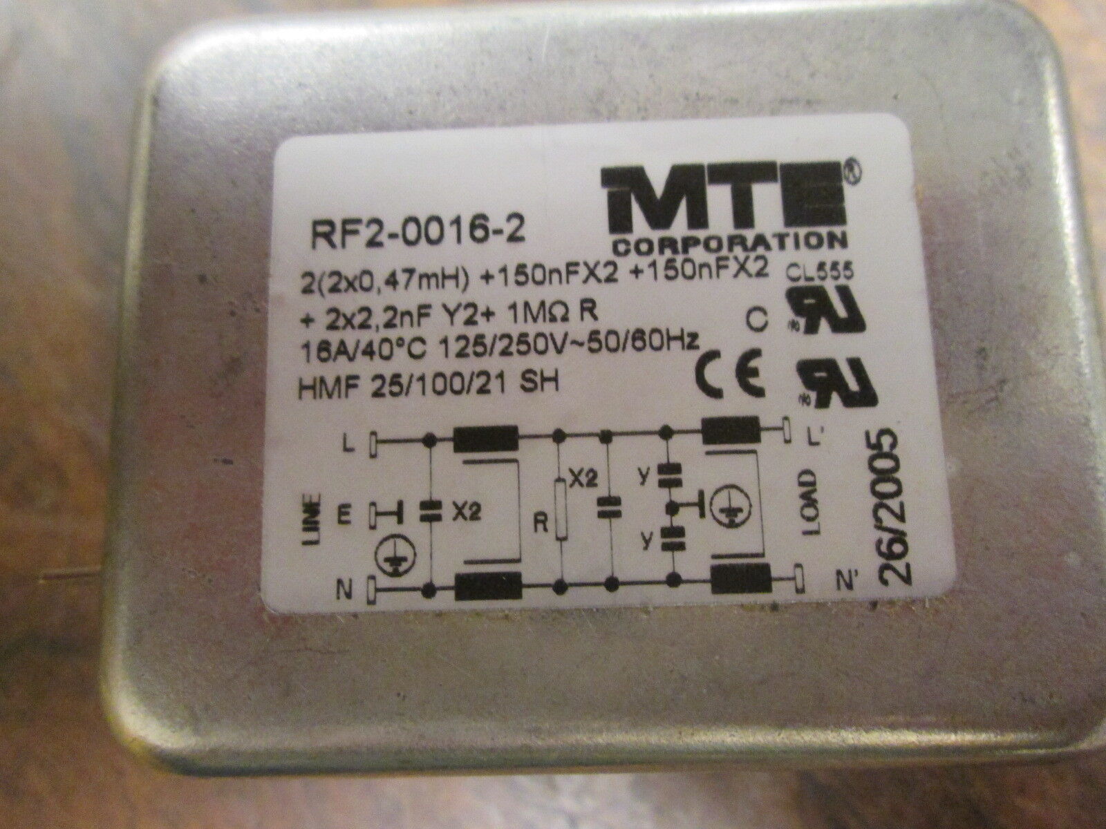 MTE RFI Filter RF2-0016-2 125/250V 16A 50/60Hz Used