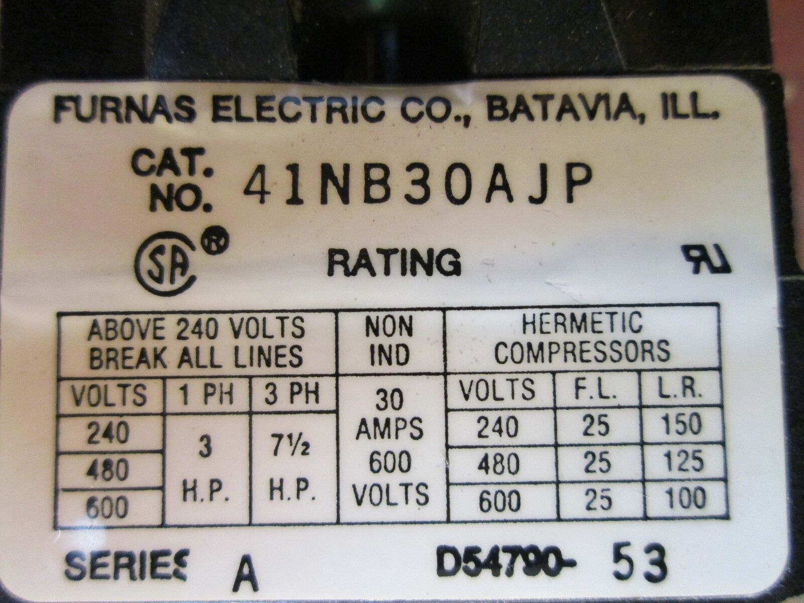 Furnas Contactor 41NB30AJP 24V Coil 600V 25A Used