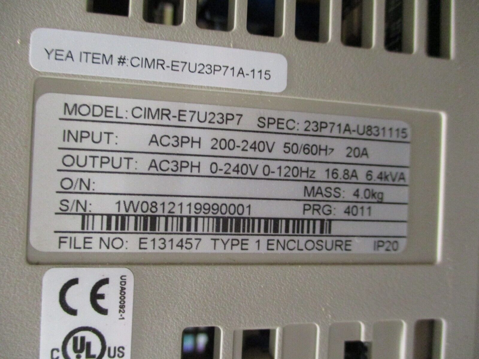 Yaskawa E7 AC Drive w/ Bypass CIMR-E7U23P71A-115 5HP 3Ph w/ Keypad Used