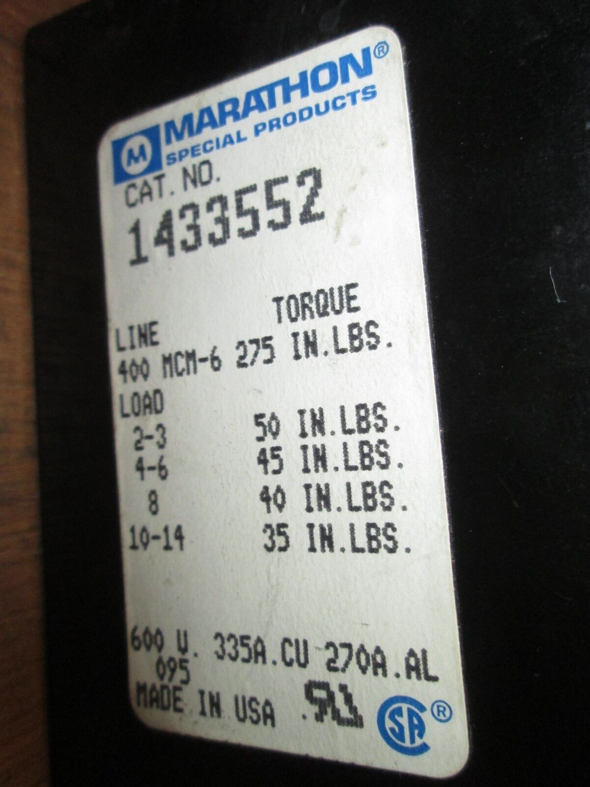 Marathon Terminal Block 1433552 line 400MCM load (4) #2 - #14 Used