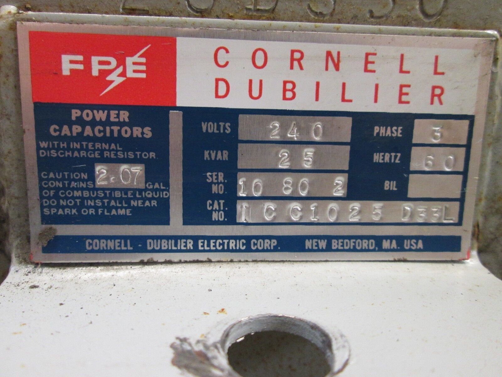 Cornell Dubilier Power Capacitor ICC1025D33L 25 KVAR 240V 3Ph 60Hz Used