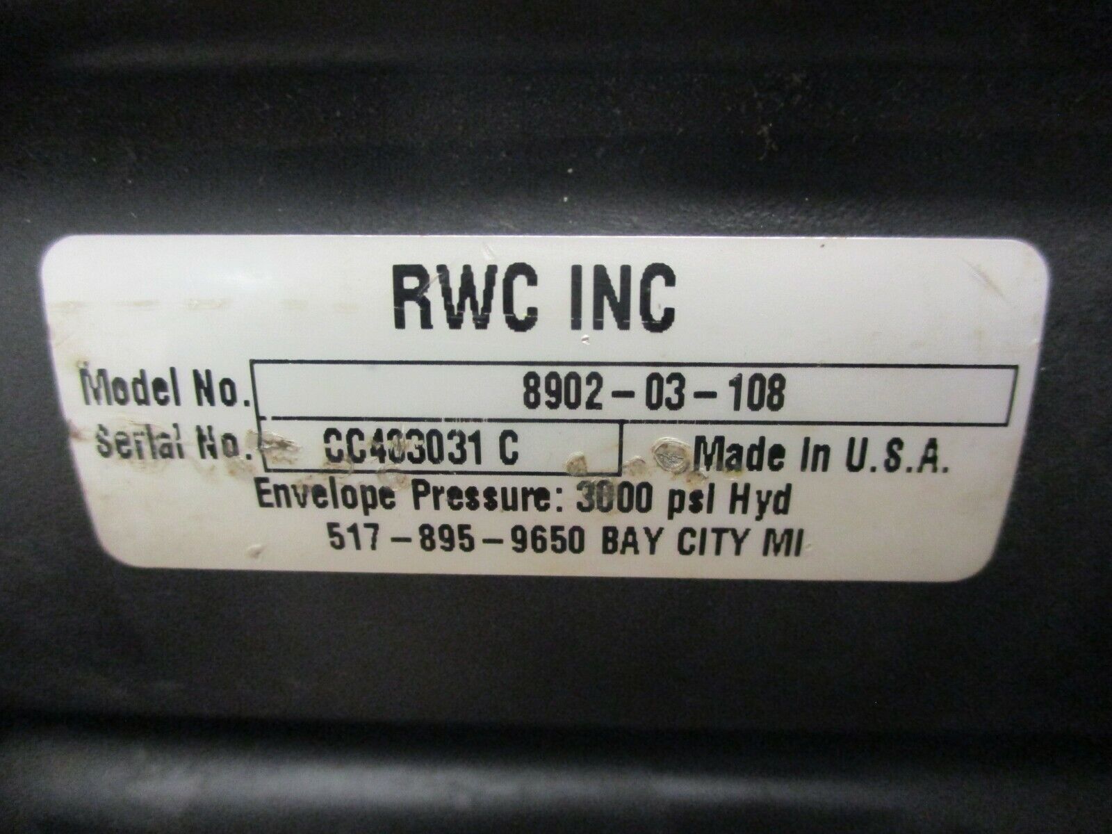RWC Hydraulic Cylinder 8902-03-108 3000PSI Used