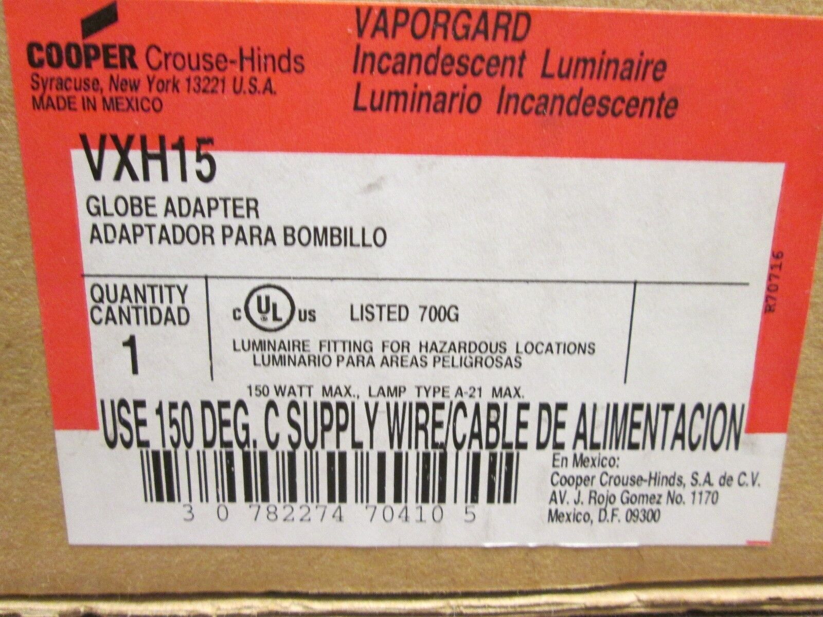 Cooper Crouse-Hinds Vaporgard Globe Adapter VXH15 150W New Surplus