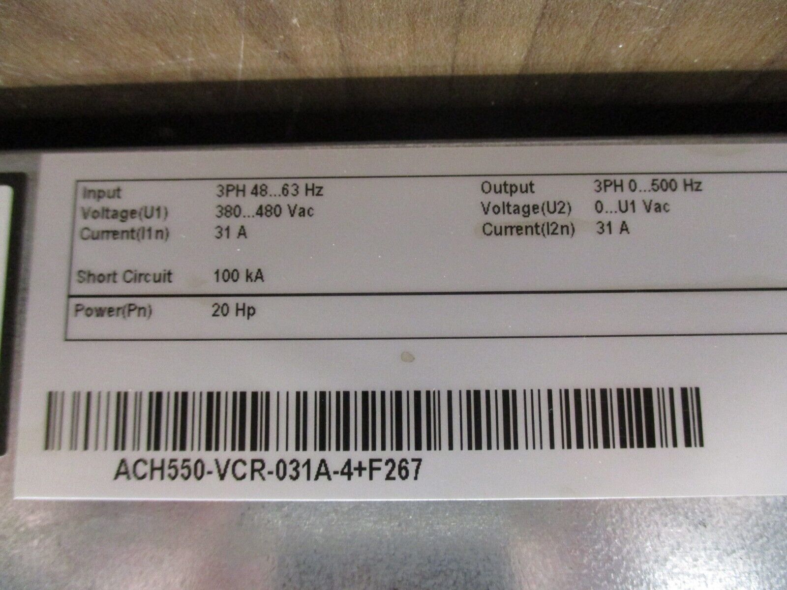 ABB ACH550 AC Drive w/ Bypass ACH550-VCR-031A-4+F267 20HP 3Ph w/ Keypad Used