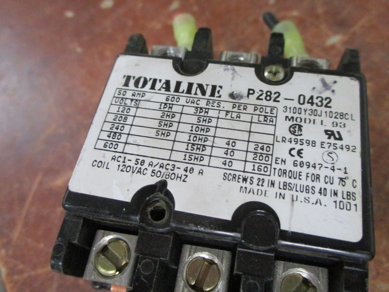 Totaline Contactor P282-0432 120V Coil 50A 600V Used