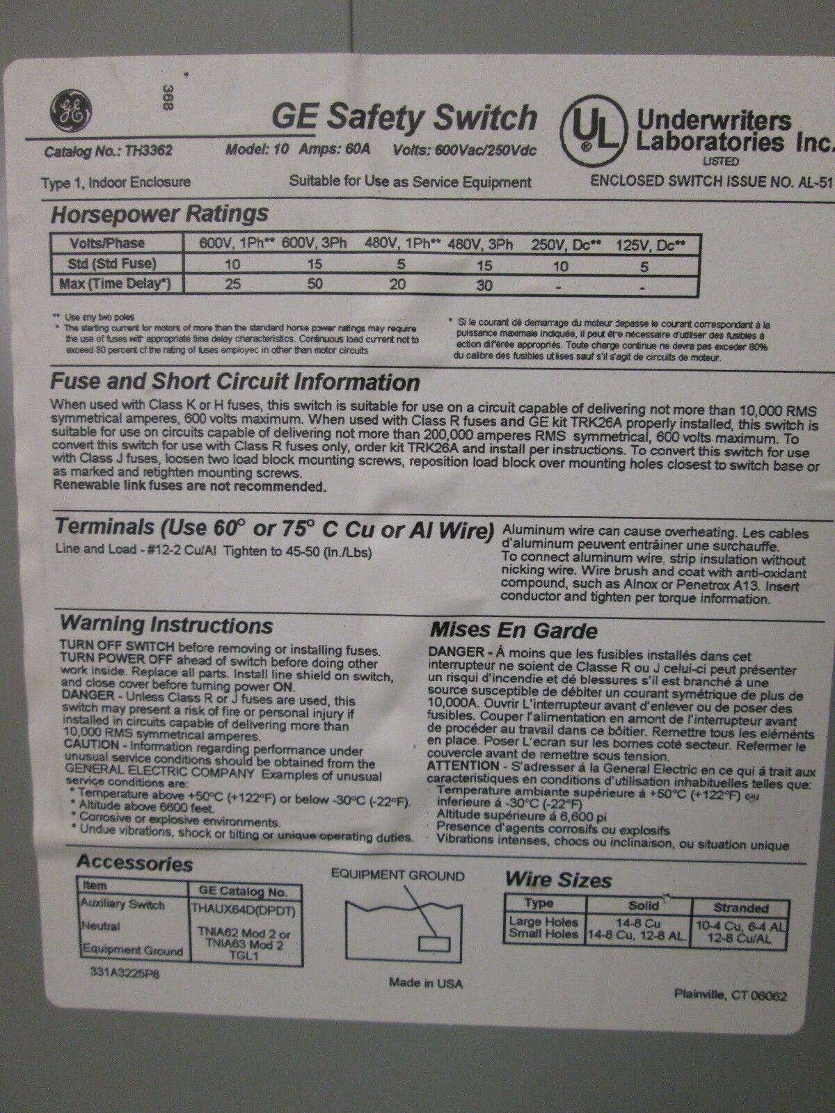 GE Fusible Safety Switch/Disconnect TH3362 60A 600V Type 1 Enclosure Used