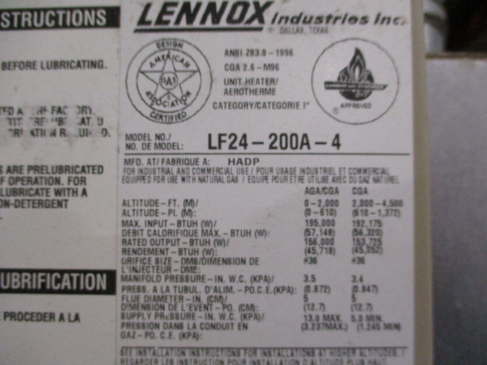 Lennox Natural Gas Heater LF24-200A-4 Input: 195,000 BTU Output: 156,000 BTU