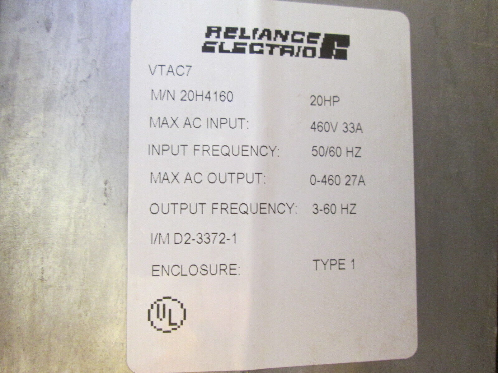 Reliance VTAC7 AC Drive 20H4160 20HP Used