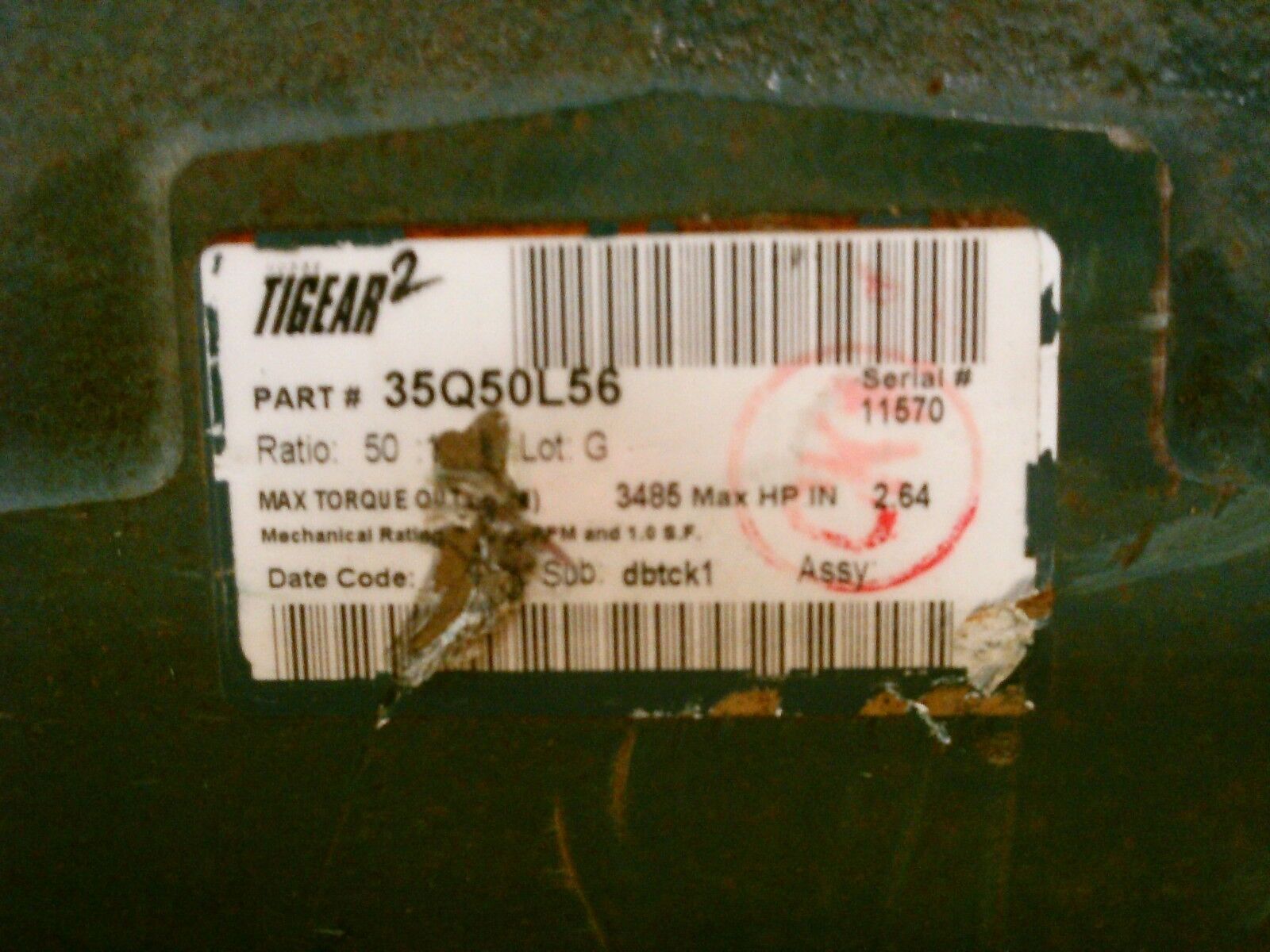 Dodge Tigear 2 Reducer 35Q50L56 Ratio 50:1 3485 in/lb Torque Out 2.64HP In Used