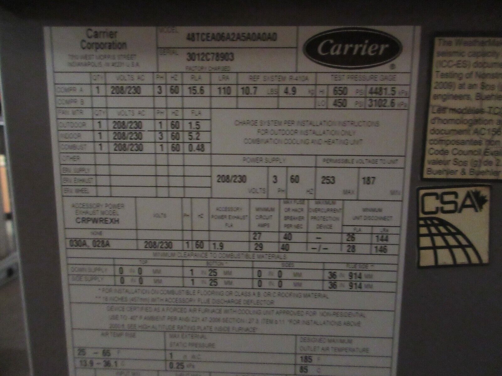 Carrier Rooftop Unit 48TCEA06A2A5A0A0A0 5-Ton 208/230V 3Ph w/Heat MFD: 2012 Used