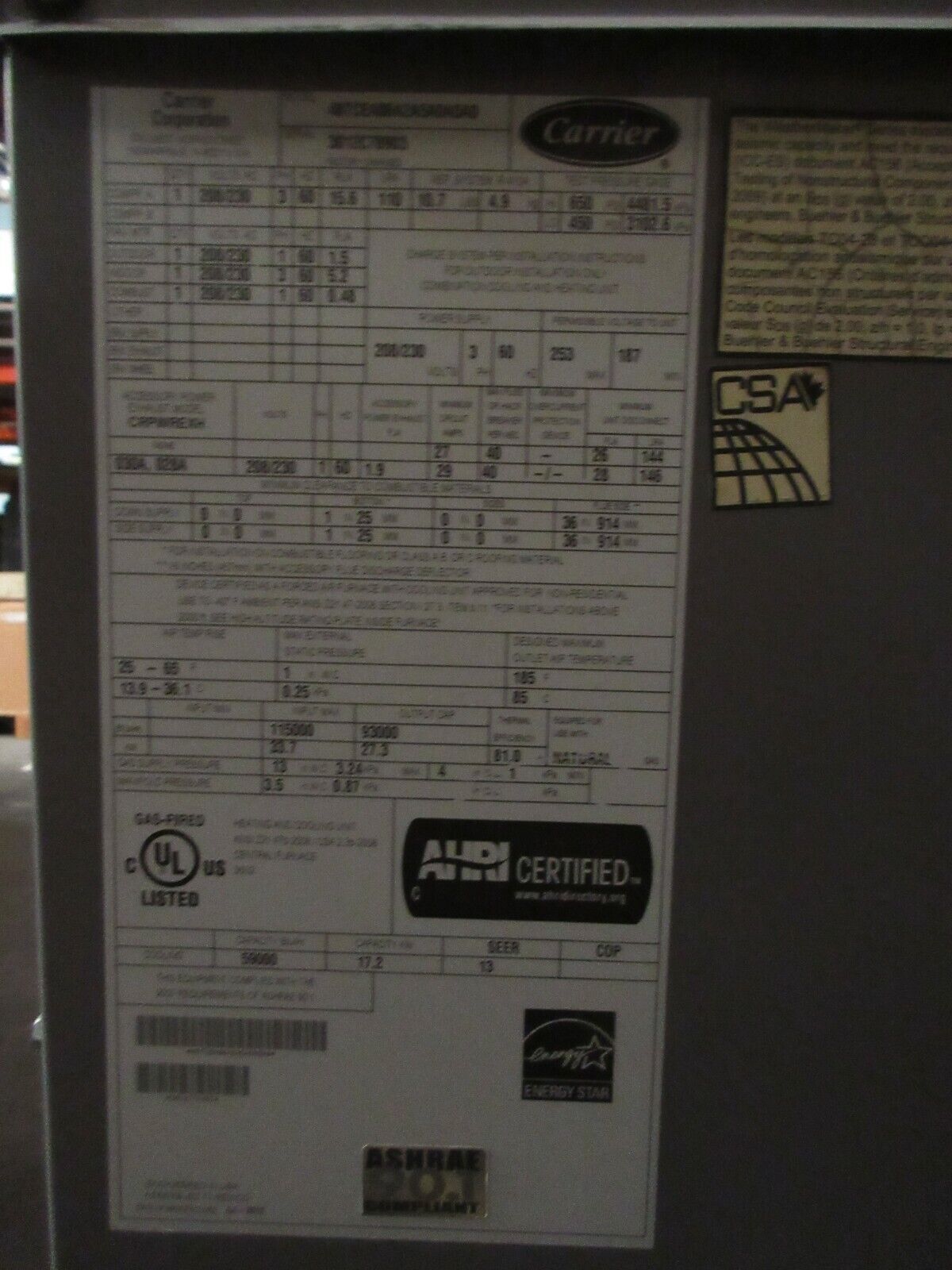 Carrier Rooftop Unit 48TCEA06A2A5A0A0A0 5-Ton 208/230V 3Ph w/Heat MFD: 2012 Used