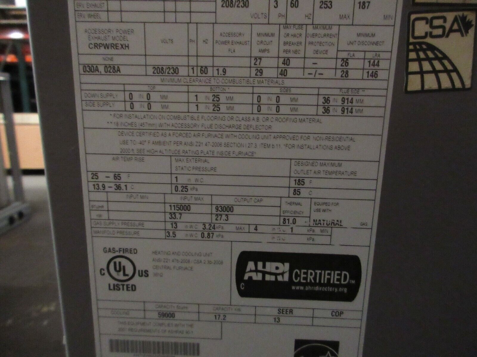 Carrier Rooftop Unit 48TCEA06A2A5A0A0A0 5-Ton 208/230V 3Ph w/Heat MFD: 2012 Used