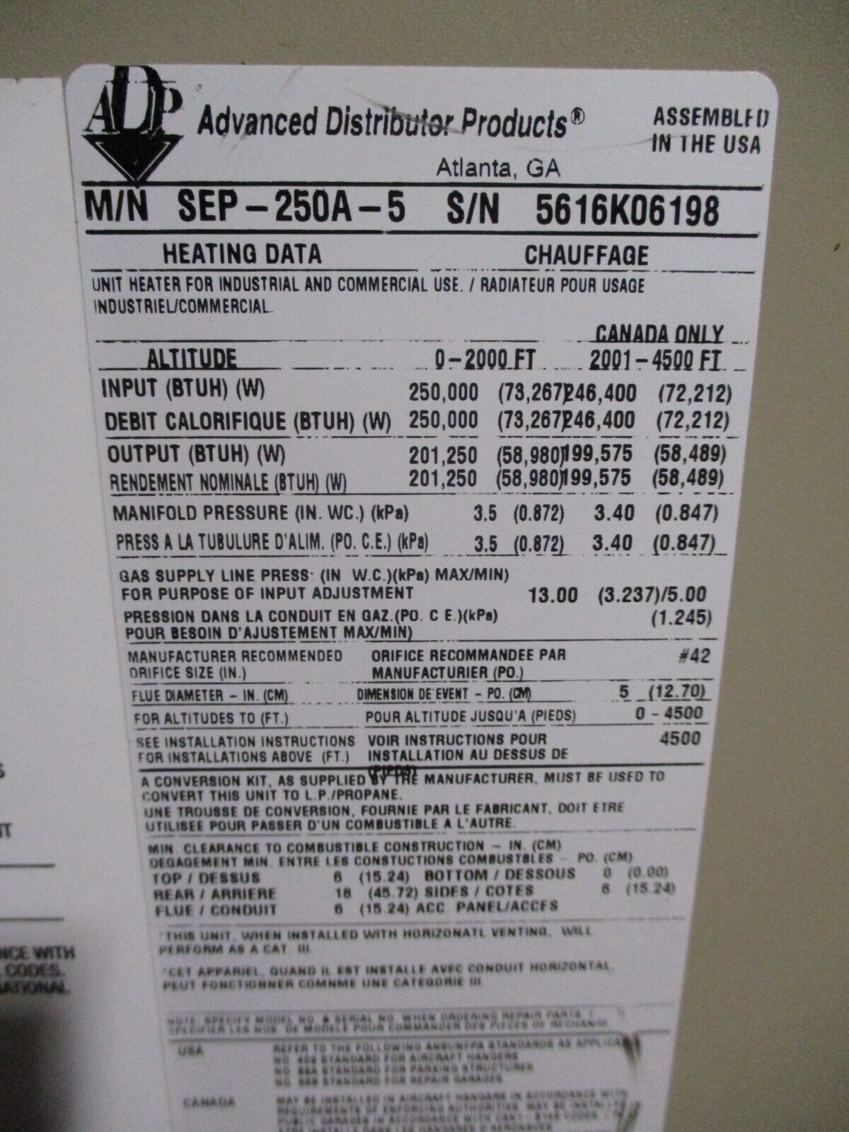 Advanced Distributor Products Natural Gas Heater SEP-250A-5 Power Vent Used