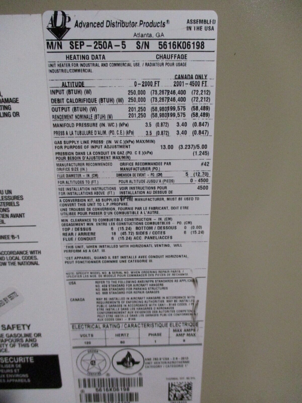 Advanced Distributor Products Natural Gas Heater SEP-250A-5 Power Vent Used