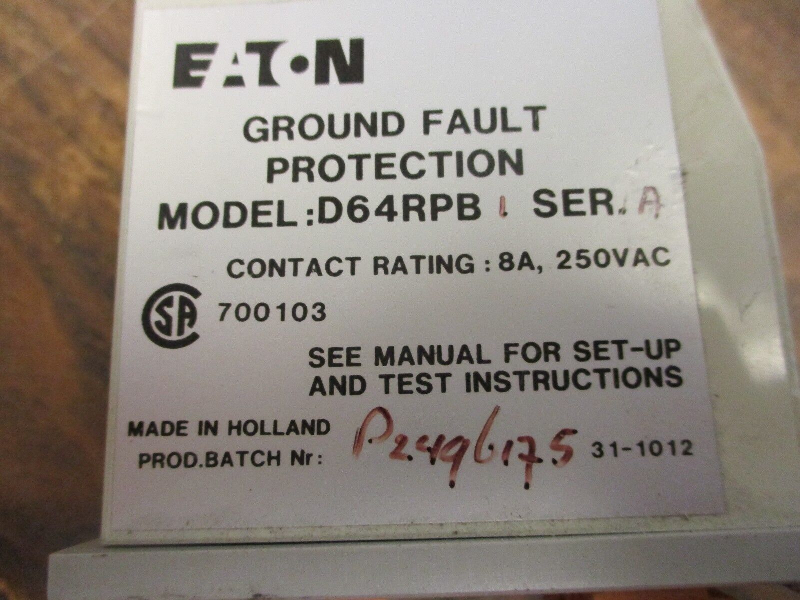 Eaton Ground Fault Relay D64RPB1 115V Used
