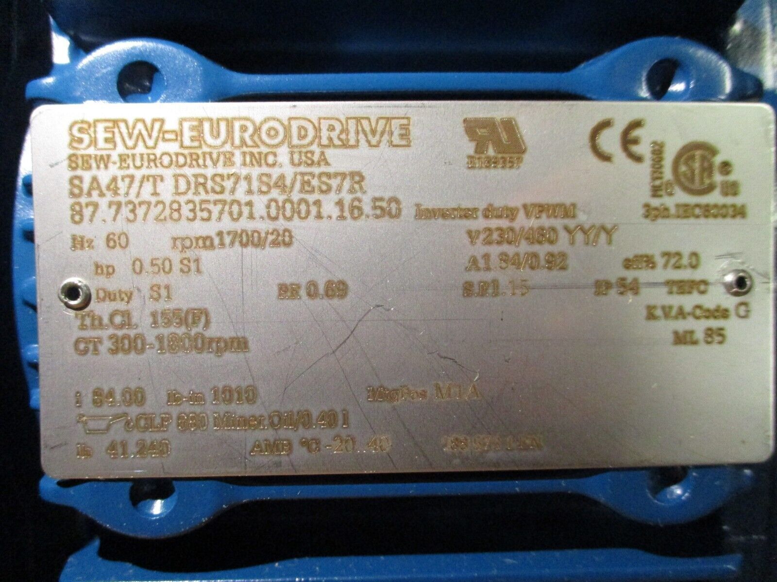 SEW-EURODRIVE Gearmotor SA47/T DRS71S4/ES7R 0.50HP 230/460V 1.84/0.92A 60Hz 3Ph