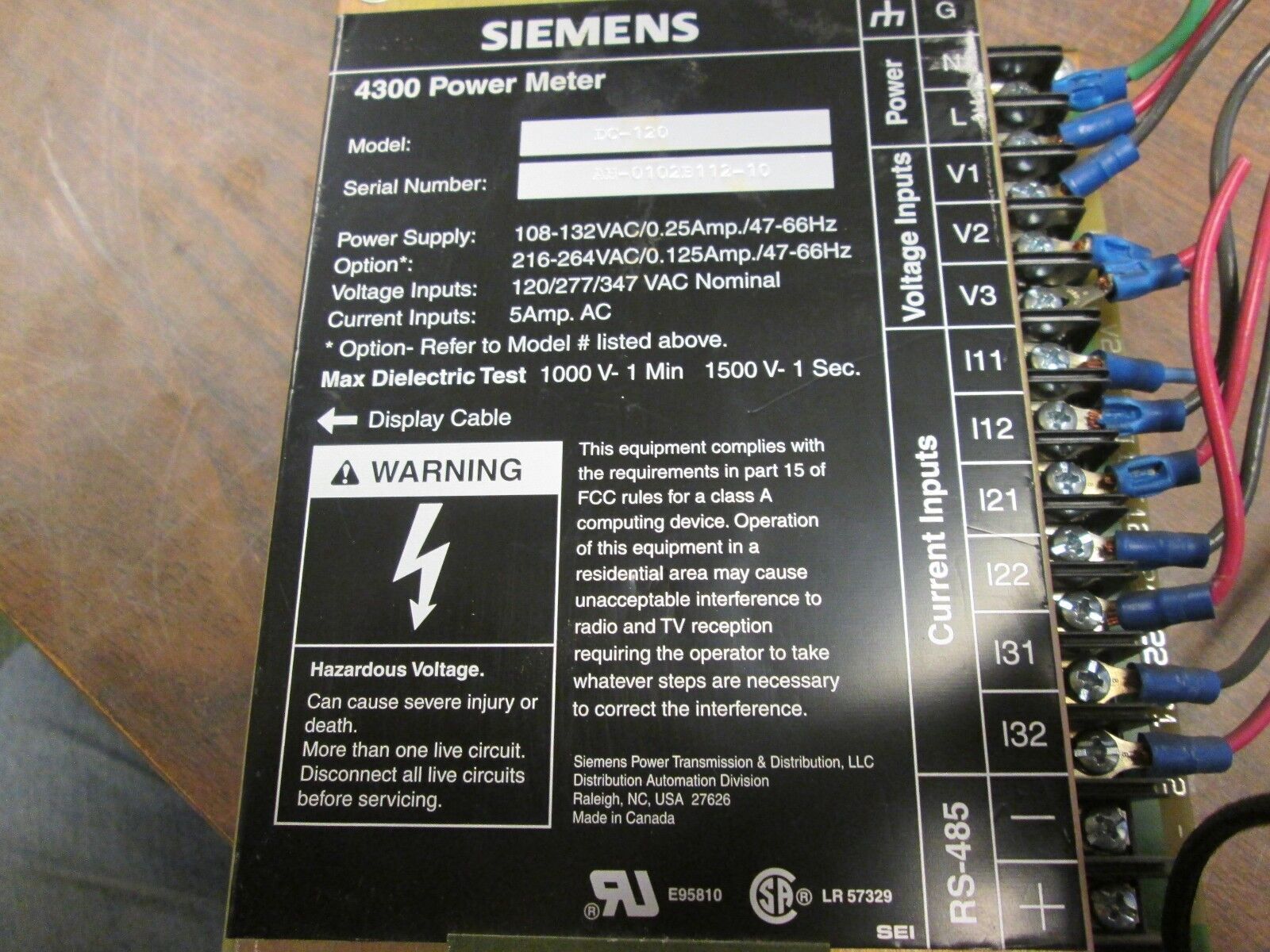 Siemens 4300 Power Meter DC-120 Power Supply: 108-132V 0.25A 47-66Hz Used