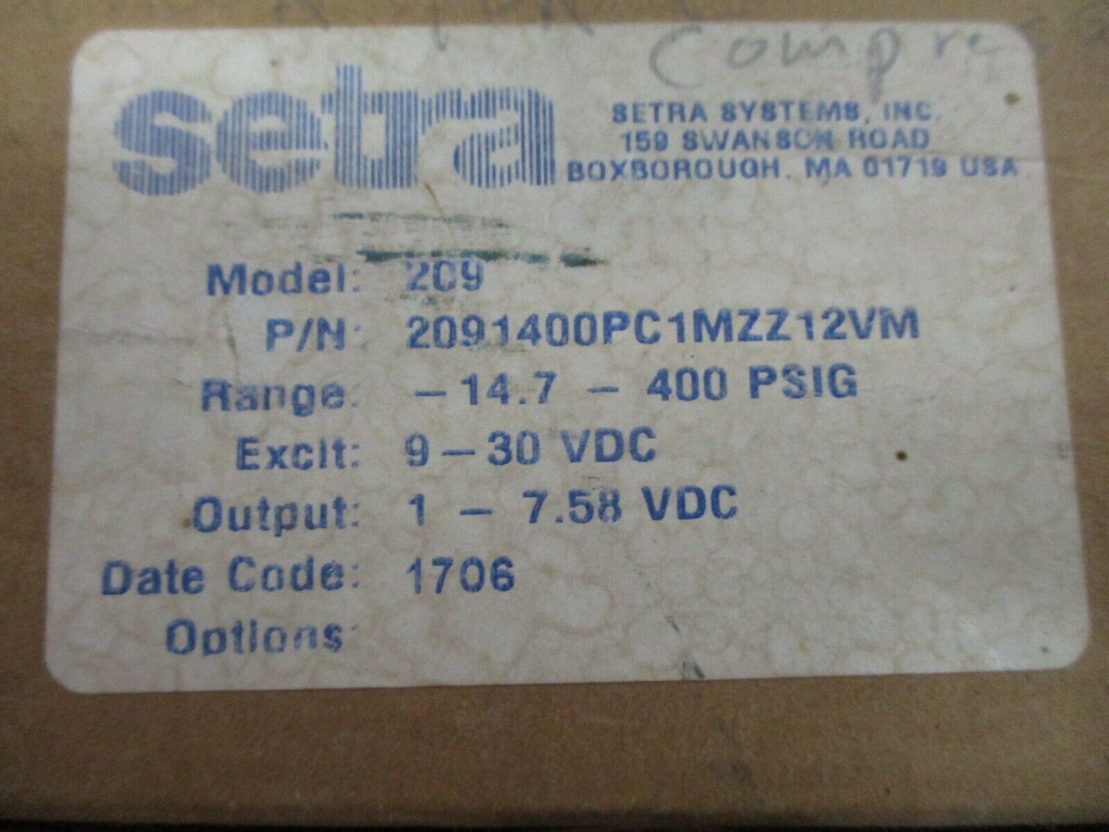 Setra 209 Pressure Transducer 2091400PC1MZZ12VM Range: -14.7-400PSIG New Surplus