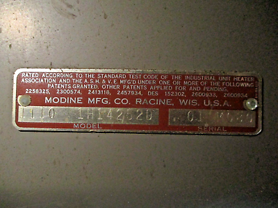 Modine Steam Heater 1110 1H14252D *Missing (1) Vent Fin* Used