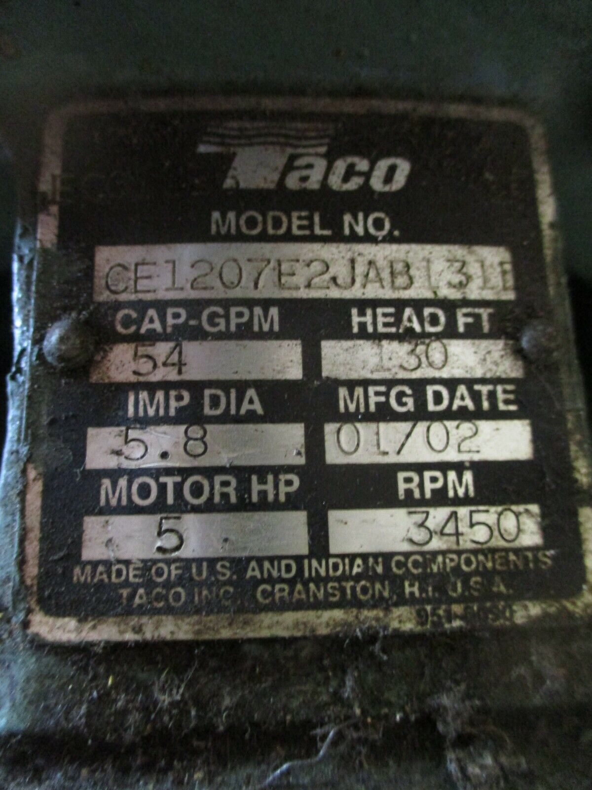 Taco Pump w/ Motor CE1207E2JAB131D 5HP 54GPM 130FT Head 3450RPM Used