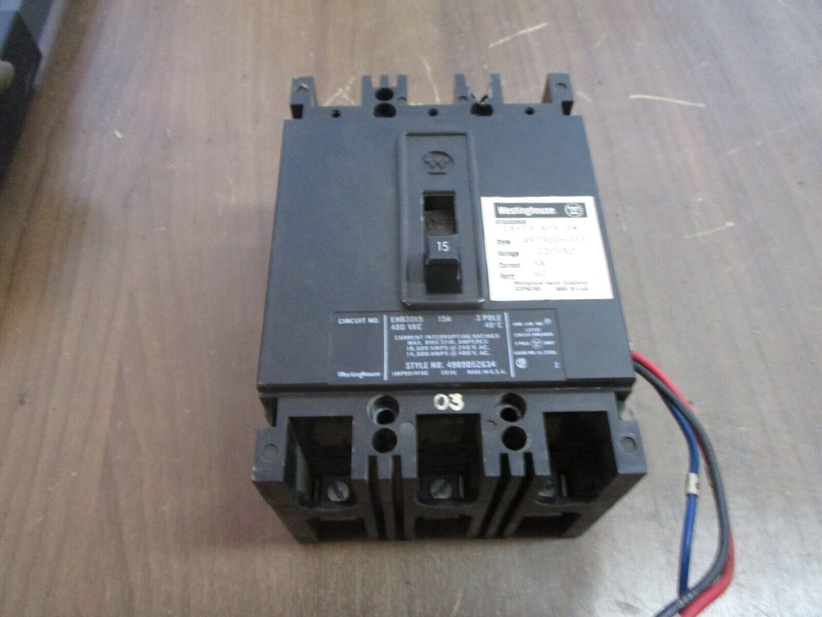 Westinghouse Circuit Breaker w/ Aux EHB3015 15A 480V 3P Used
