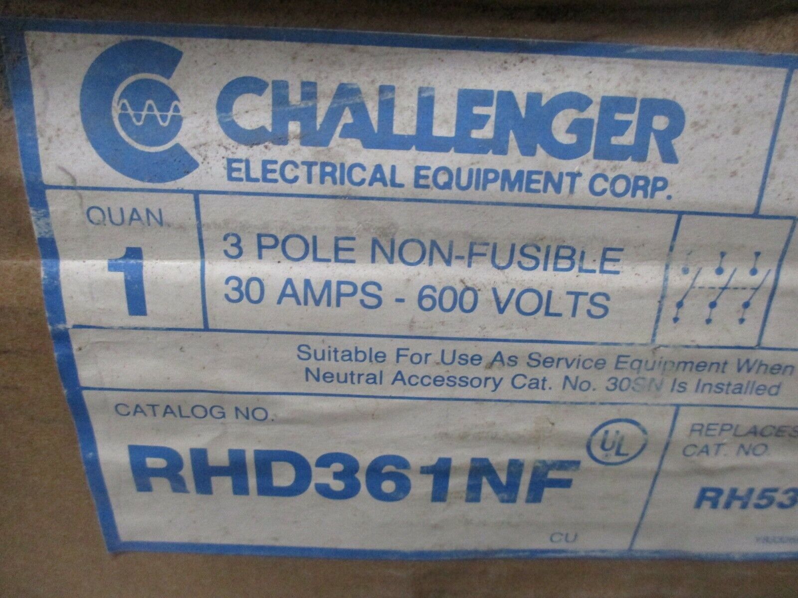 Challenger Non-Fusible 3R Safety Switch / Disconnect RHD361NF 30A 600V 3P