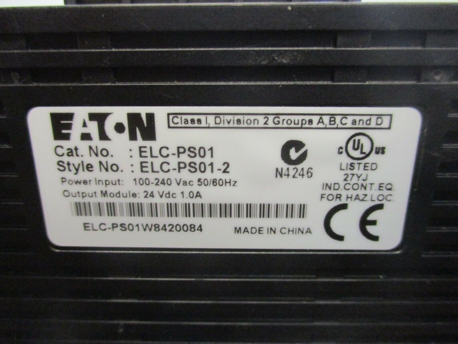 Eaton Power Supply ELC-PS01 Input: 100-240V 50/60Hz Output: 24VDC 1.0A Used