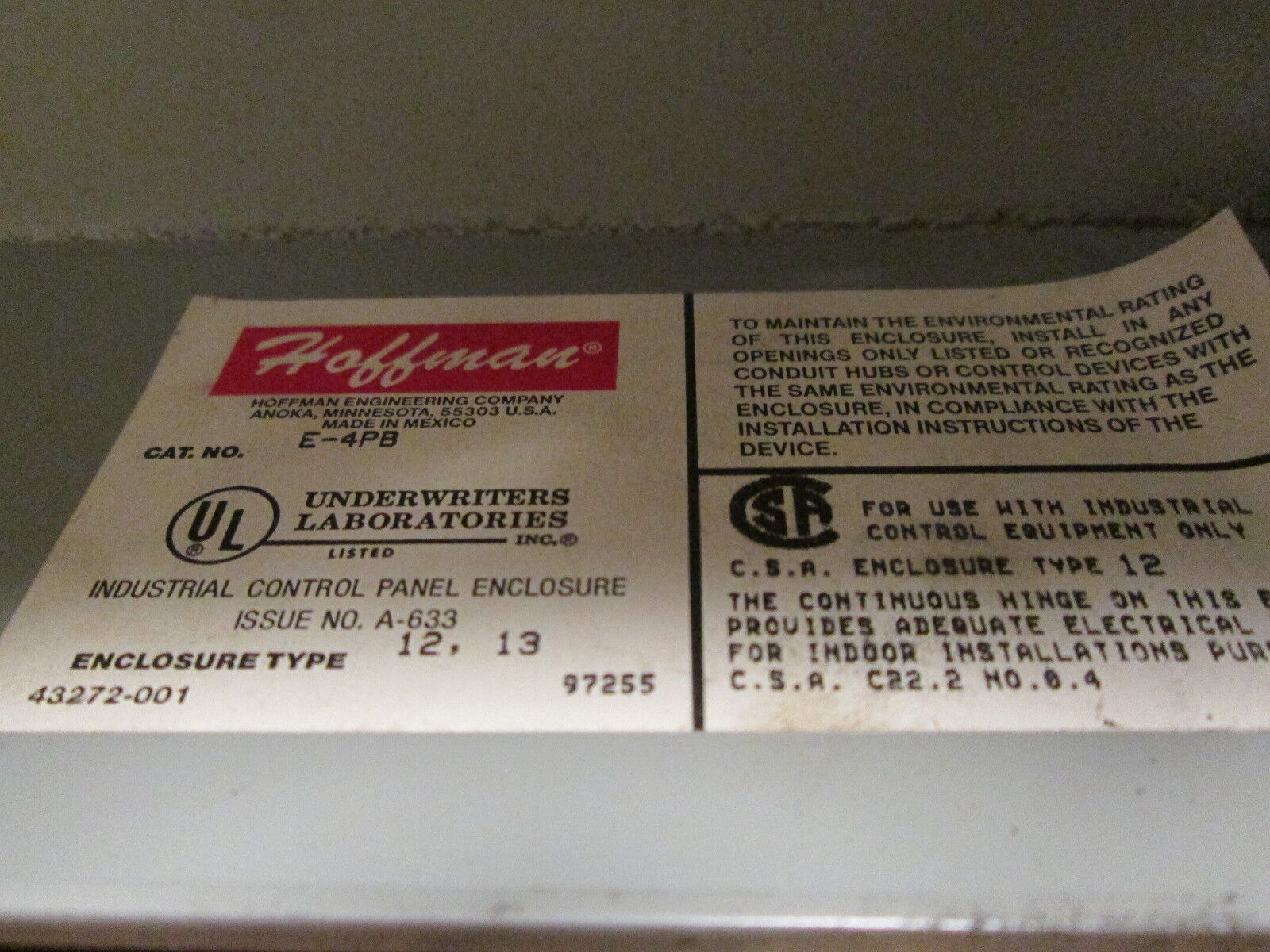 Hoffman Push Button Station E-4PB 4-Hole Used