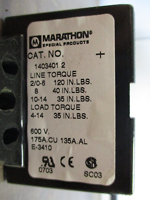 Marathon Power Distribution Block 1403401 2 175A 600V 3P Line:2/0-6,8,10-14 Used