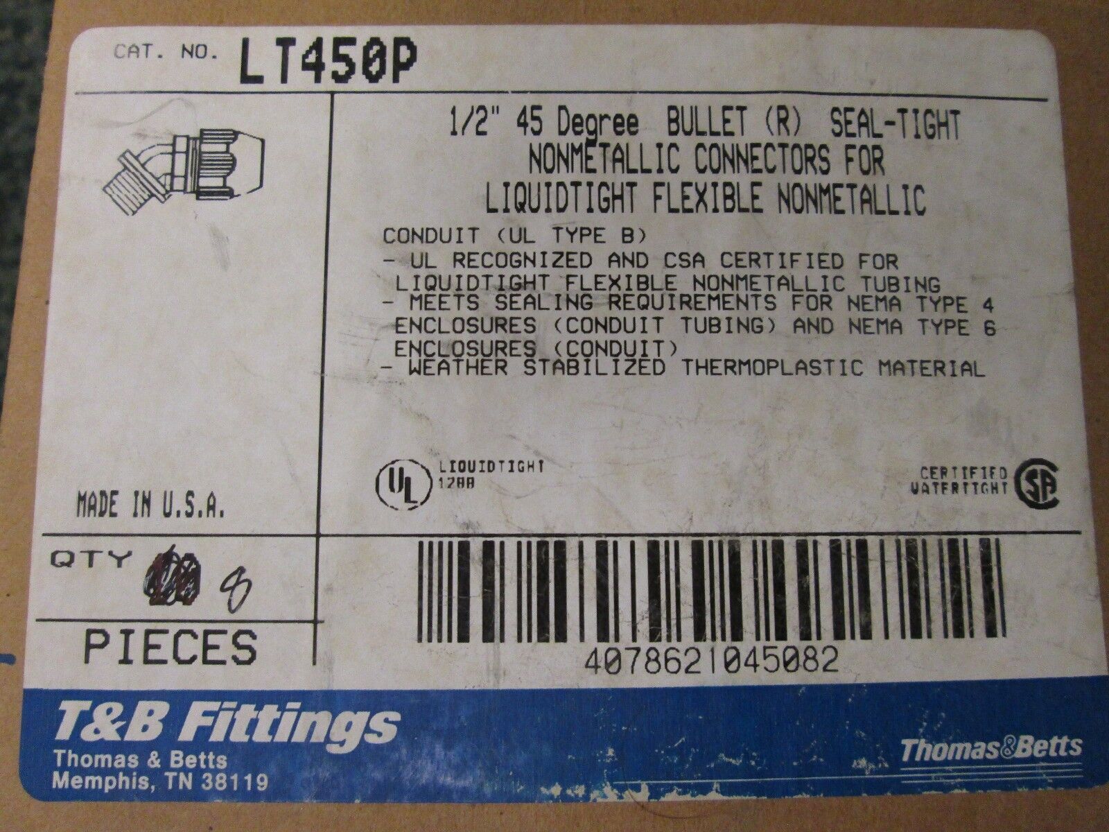 Thomas & Betts 45 Degree Liquidtight Connector LT450 Size 1/2" *Box of 8*
