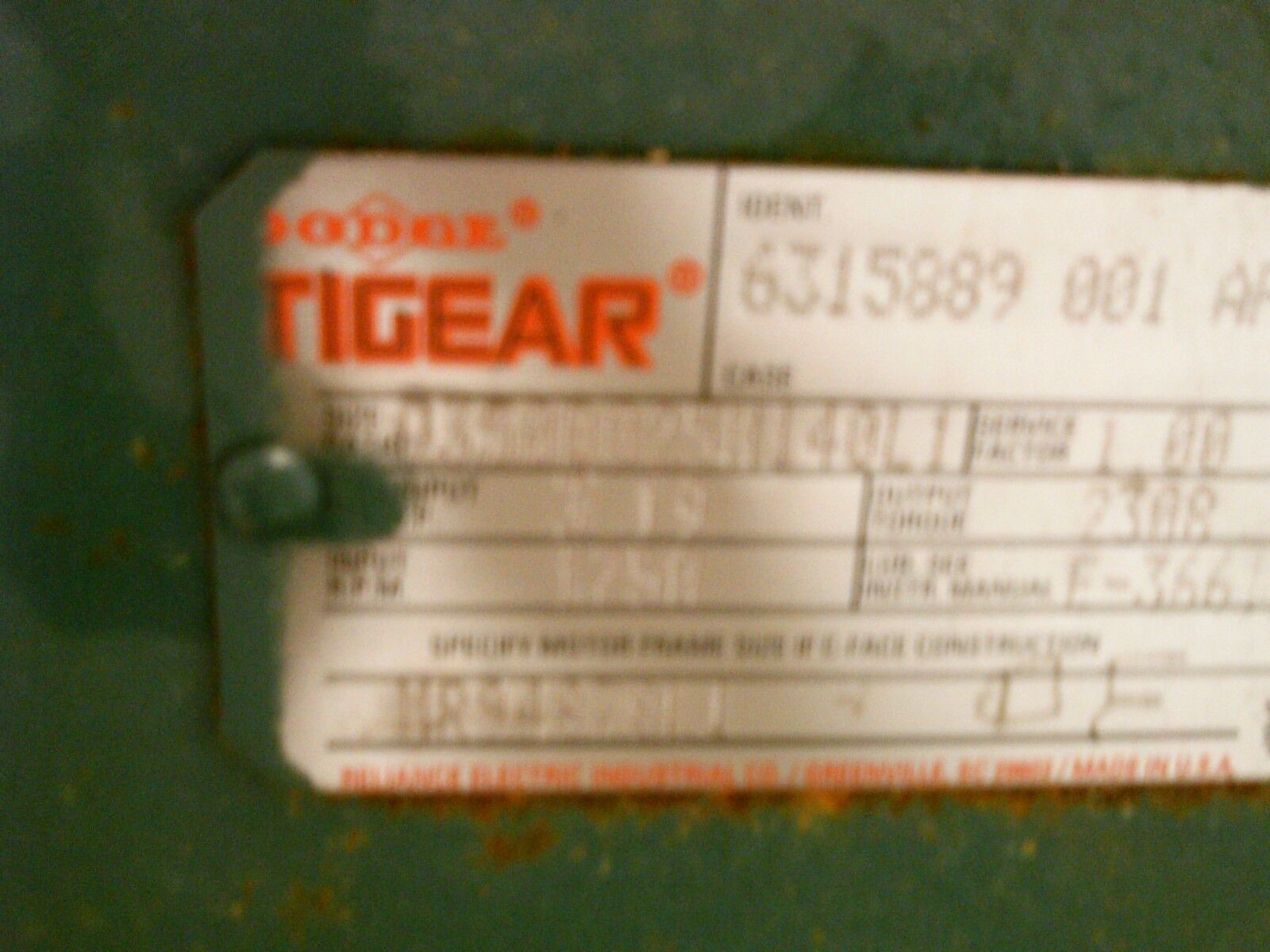 Dodge Tigear Reducer Q350B025M140L1 3.19HP In 2308 In/Lb Torque Out 1750RPM In