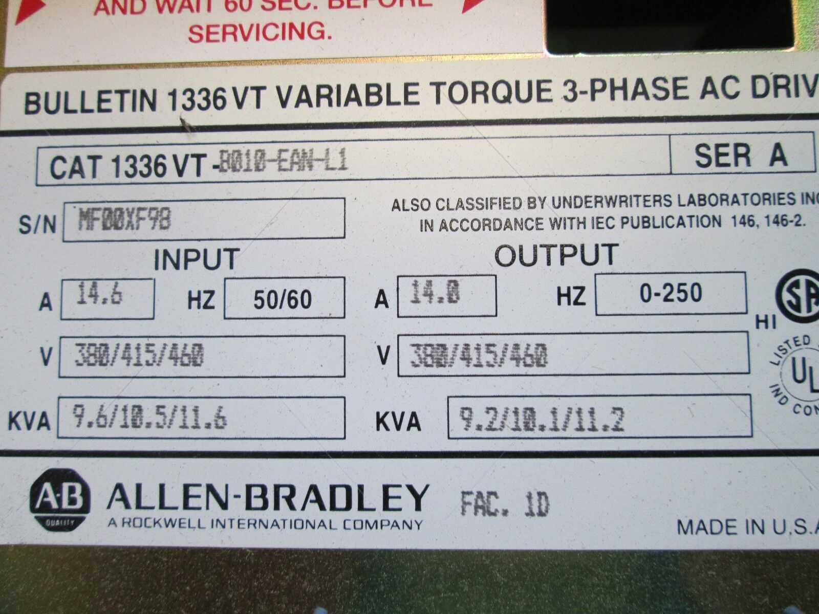 Allen-Bradley 1336VT AC Drive 1336VT-B010-EAN-L1 10HP Used