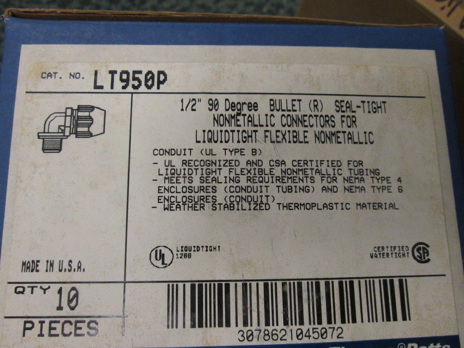 Thomas & Betts 90 Degree Liquidtight Connector LT950P Size 1/2" *Lot of 4*