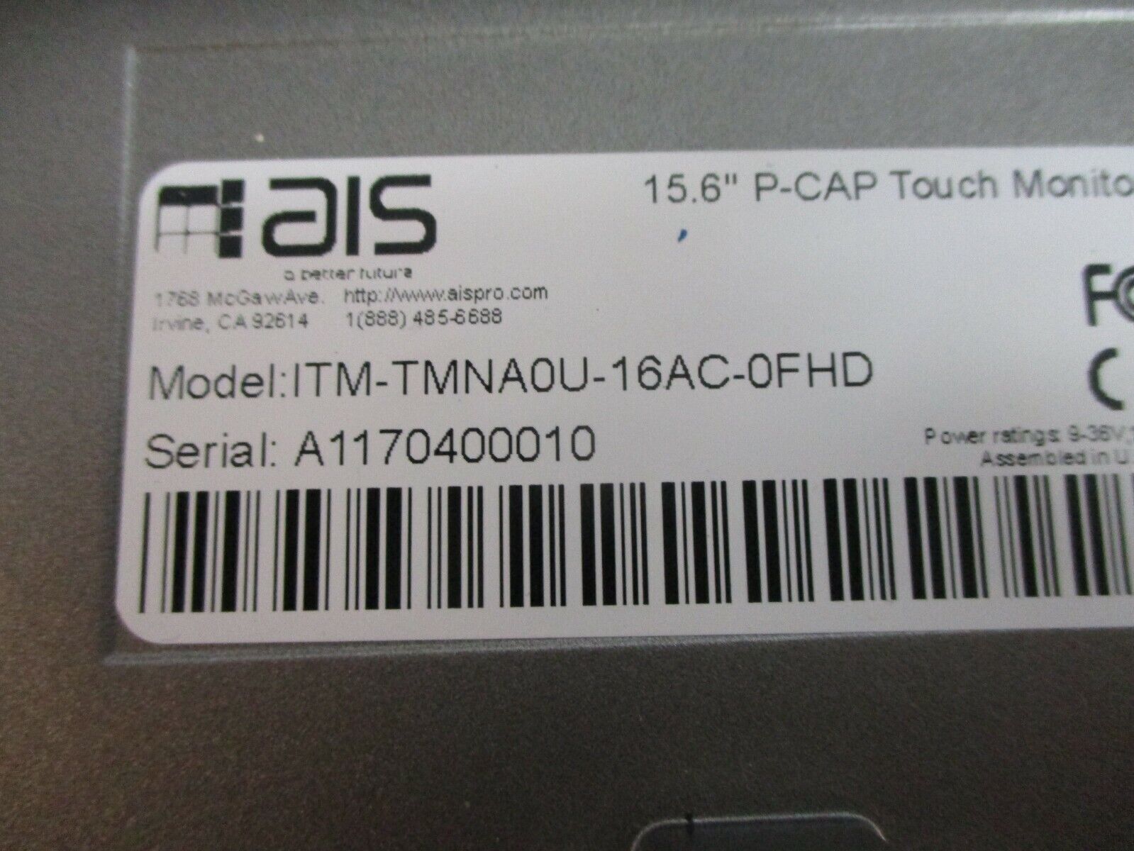 AIS Industrial P-Cap Touch Monitor ITM-TMNA0U-16AC-0FHD Size: 15.6" TFT LCD Used