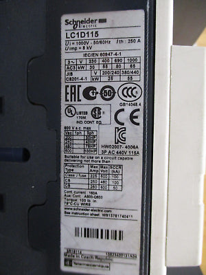 Schneider Electric Contactor LC1D115 230V Coil 160A 600V Used