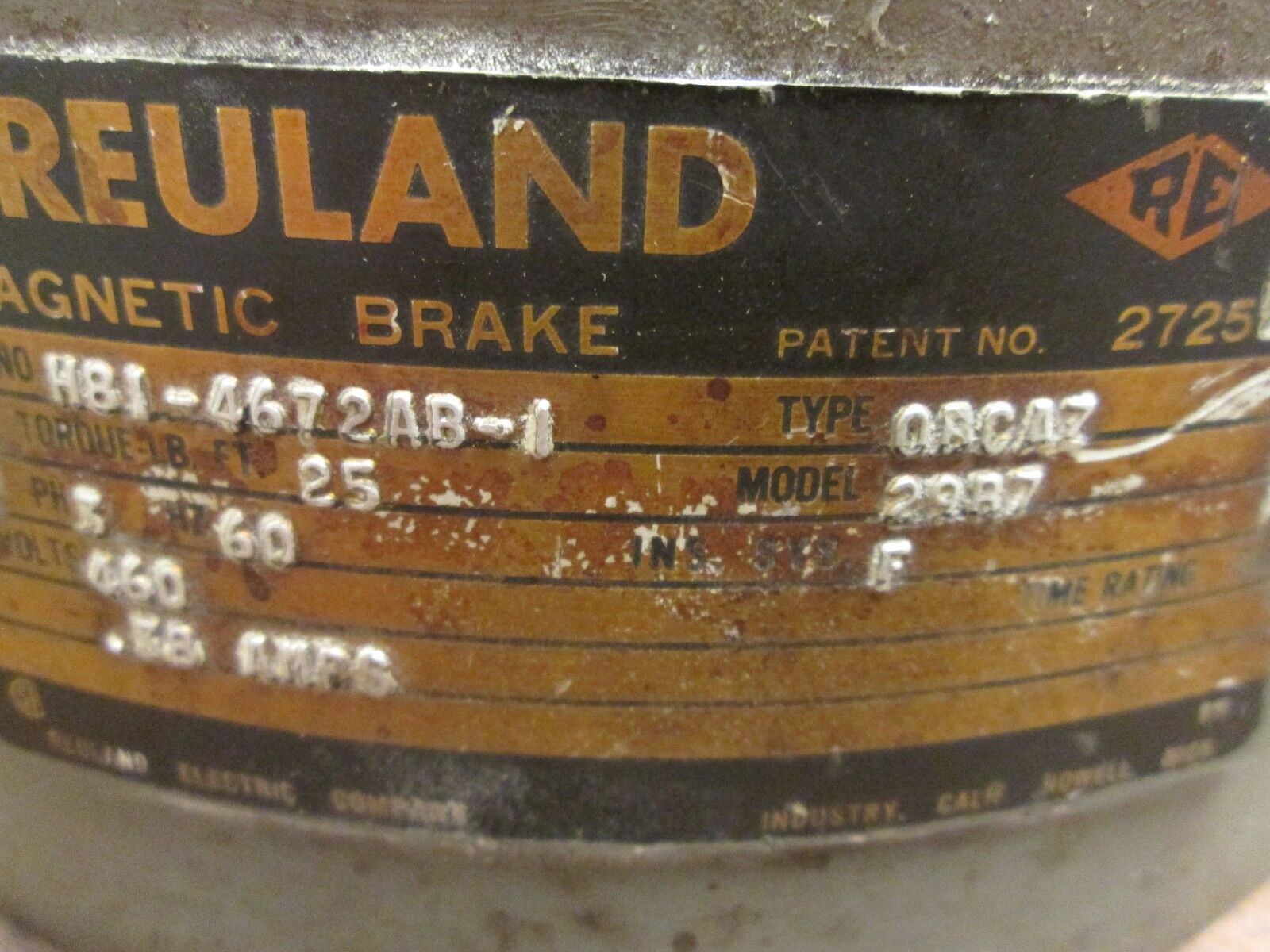 Reuland Model 29B7 Magnetic Brake OBCAZ 25 ft/lbs Torque 460V 3Ph 60Hz Used