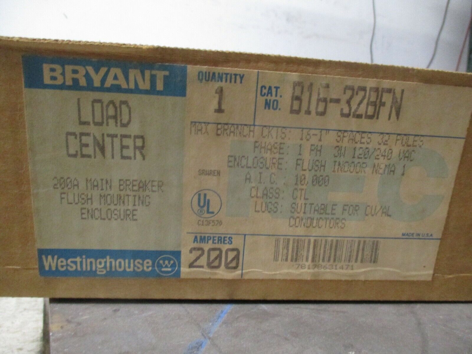 Westinghouse / Bryant Main Breaker Load Center B16-32BFN 200A Main 120/240V 1Ph 3W