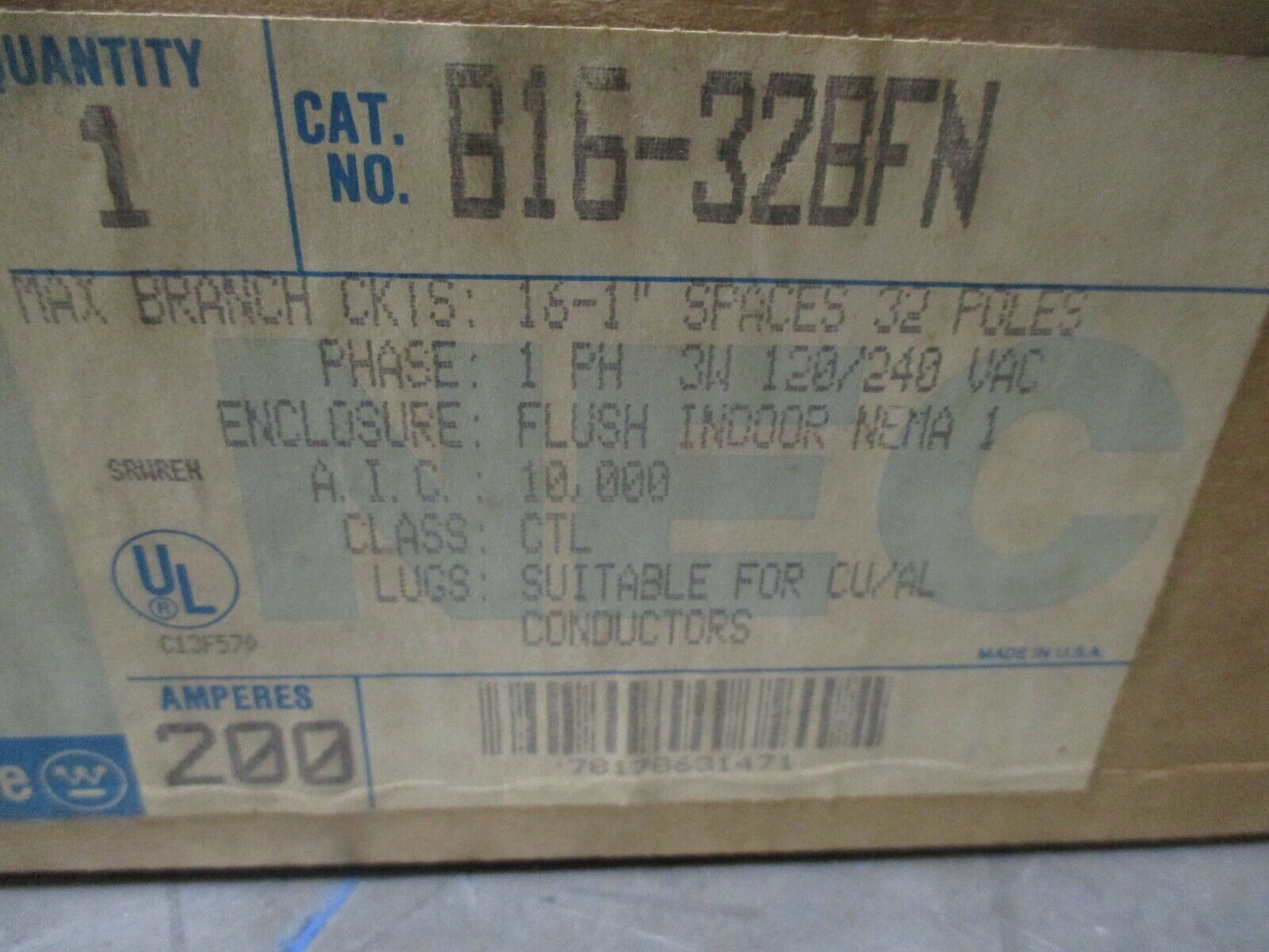 Westinghouse / Bryant Main Breaker Load Center B16-32BFN 200A Main 120/240V 1Ph 3W