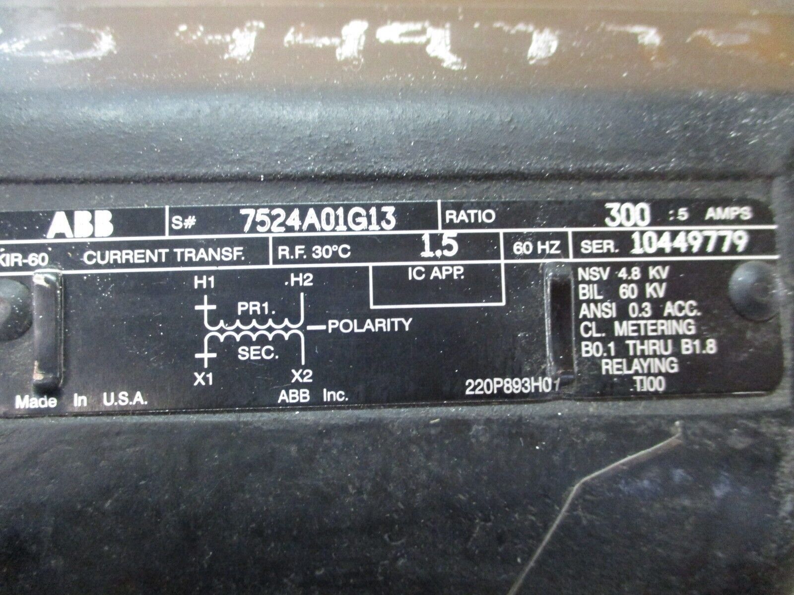 ABB KIR-60 Current Transformer 7524A01G13 Ratio 300:5A 60Hz 60kV BIL Used